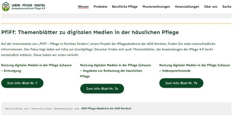 PfiFf Themenblätter auf der Internetseite Leben-Pflegen-Digital
